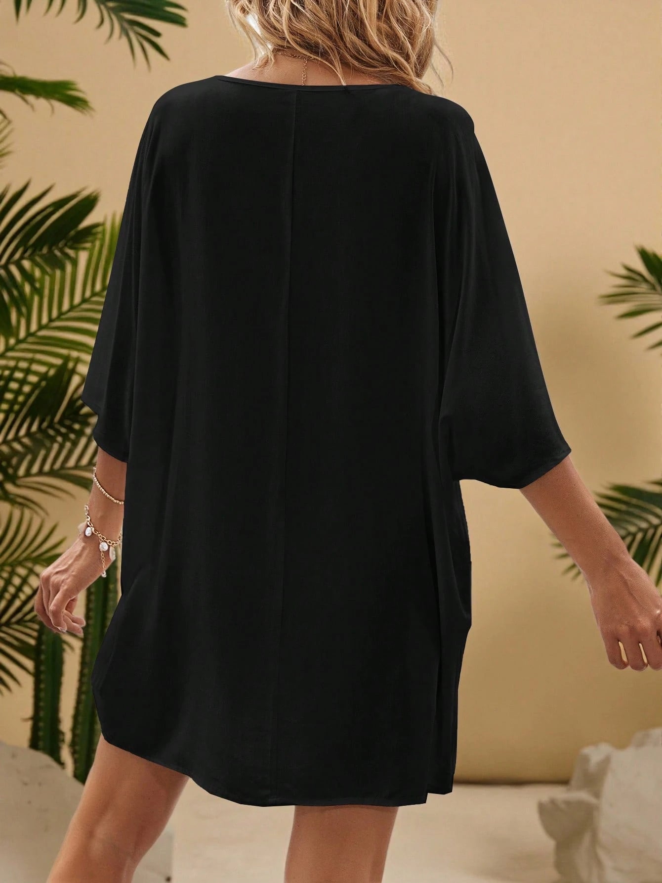 VCAY Plus Size Women Vacation Solid Color Contrast Lace Batwing Sleeve Dress