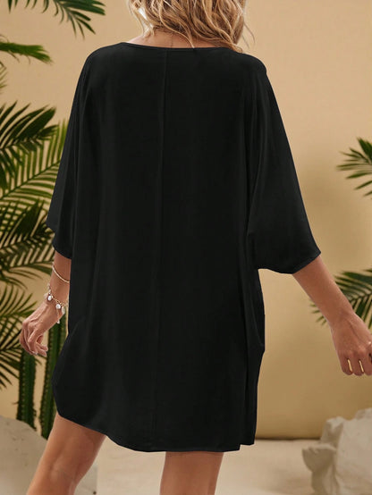 VCAY Plus Size Women Vacation Solid Color Contrast Lace Batwing Sleeve Dress