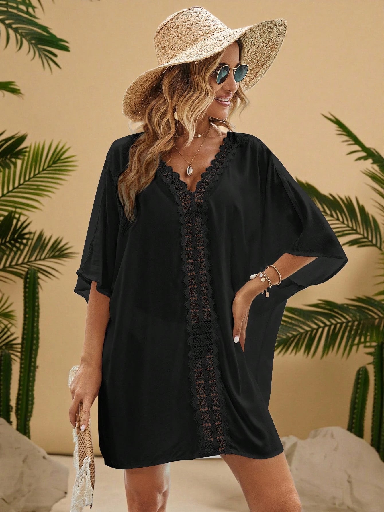 VCAY Plus Size Women Vacation Solid Color Contrast Lace Batwing Sleeve Dress