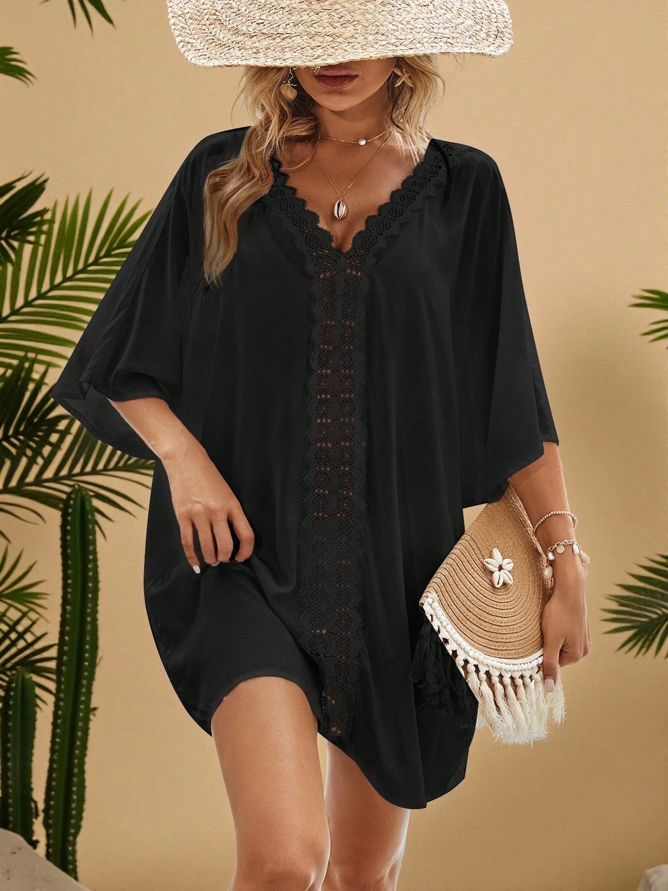 VCAY Plus Size Women Vacation Solid Color Contrast Lace Batwing Sleeve Dress