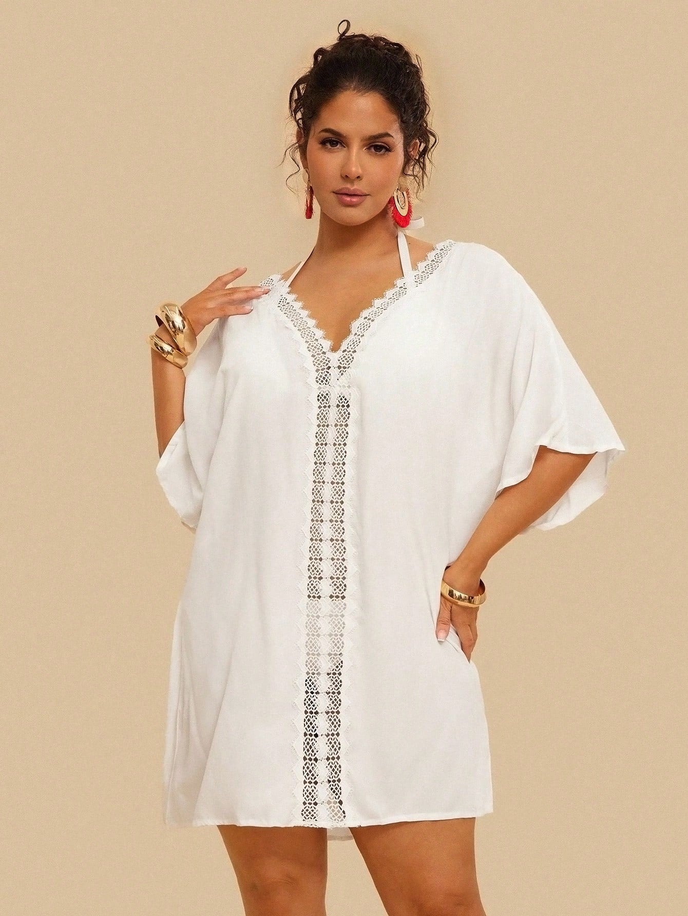 VCAY Plus Size Women Vacation Solid Color Contrast Lace Batwing Sleeve Dress