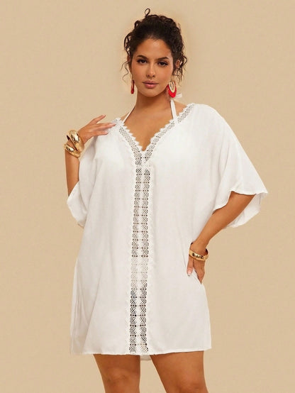 VCAY Plus Size Women Vacation Solid Color Contrast Lace Batwing Sleeve Dress