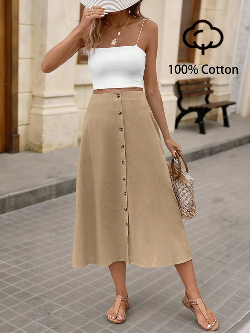 VCAY Women's Solid Color High Waist Single-Breasted Elegant A-Line Midi Skirt