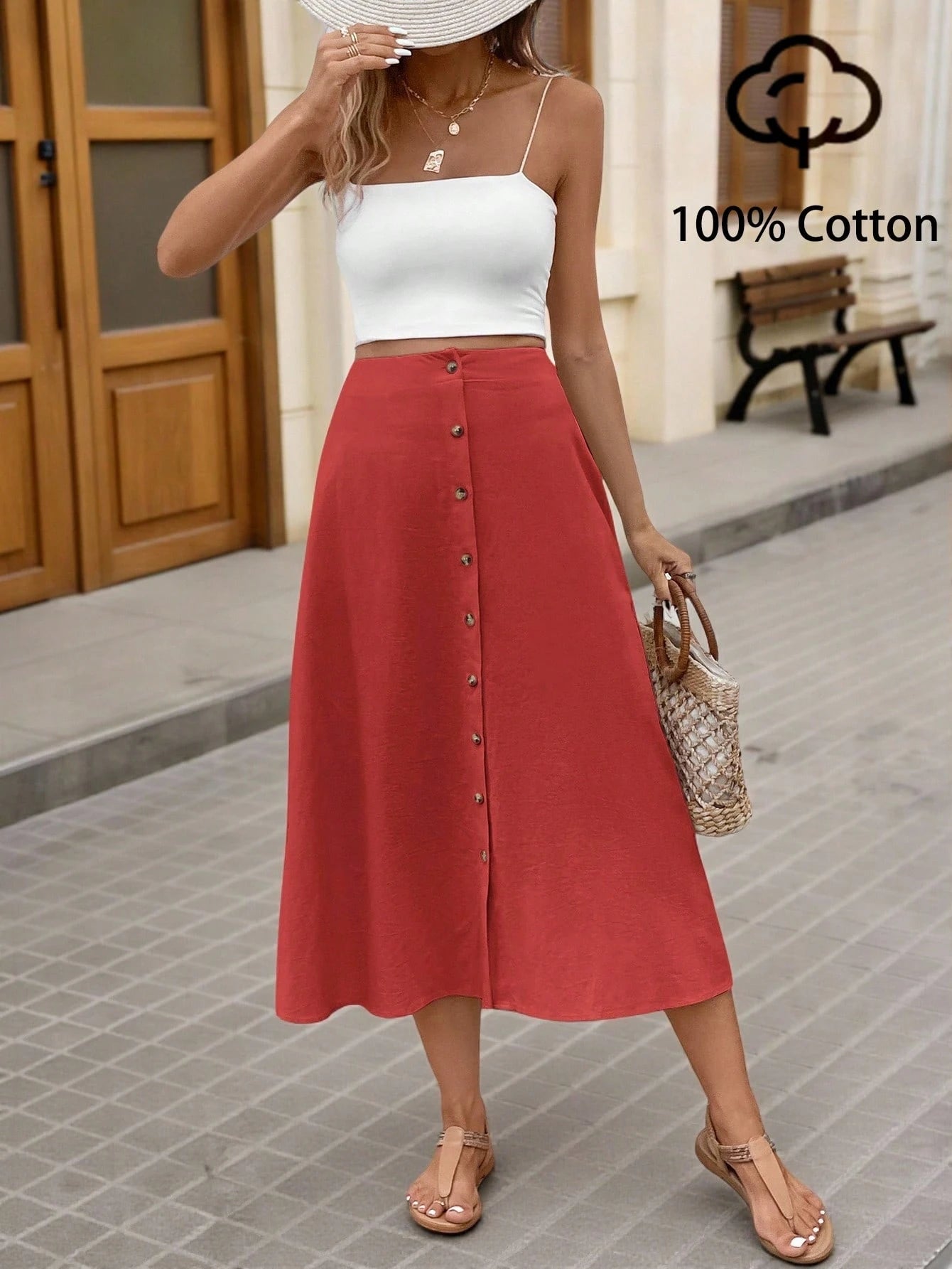 VCAY Women's Solid Color High Waist Single-Breasted Elegant A-Line Midi Skirt
