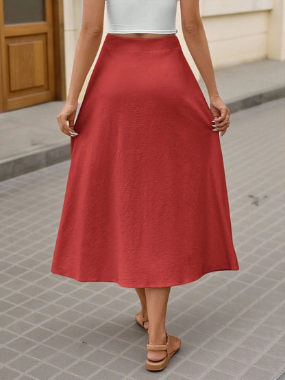 VCAY Women's Solid Color High Waist Single-Breasted Elegant A-Line Midi Skirt