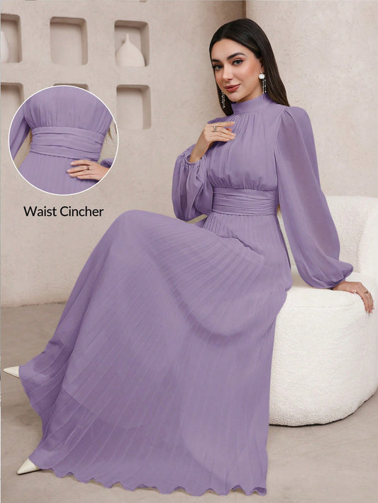 Veilorie Women's Elegant Solid Color Lantern Sleeve Arabic Long Dress Purple