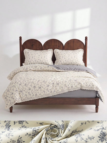 Veyra Day 3pcs Vintage Floral Duvet Cover Set With Lace Trim, Shabby Chic French Country Bedding Set, Soft Polyester Quilt Cover And Pillow Shams, Cottagecore Bedroom Decor (No Insert)