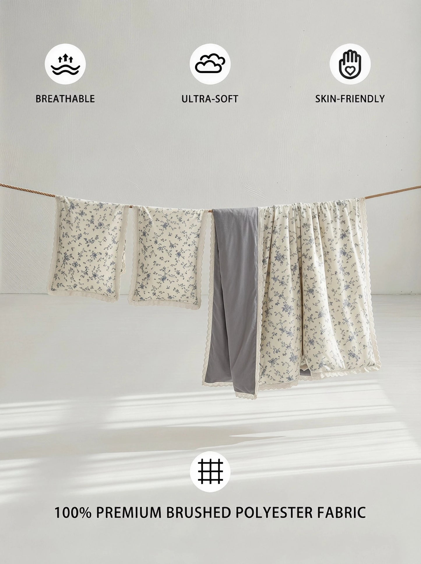 Veyra Day 3pcs Vintage Floral Duvet Cover Set With Lace Trim, Shabby Chic French Country Bedding Set, Soft Polyester Quilt Cover And Pillow Shams, Cottagecore Bedroom Decor (No Insert)