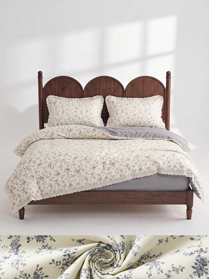 Veyra Day 3pcs Vintage Floral Duvet Cover Set With Lace Trim, Shabby Chic French Country Bedding Set, Soft Polyester Quilt Cover And Pillow Shams, Cottagecore Bedroom Decor (No Insert)