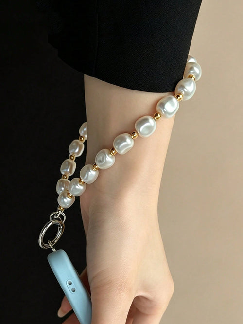 Vintage Baroque Irregular Pearl Phone Wrist Strap, Luxury Gold Spacer Bead Hand Chain, Versatile Cellphone Lanyard