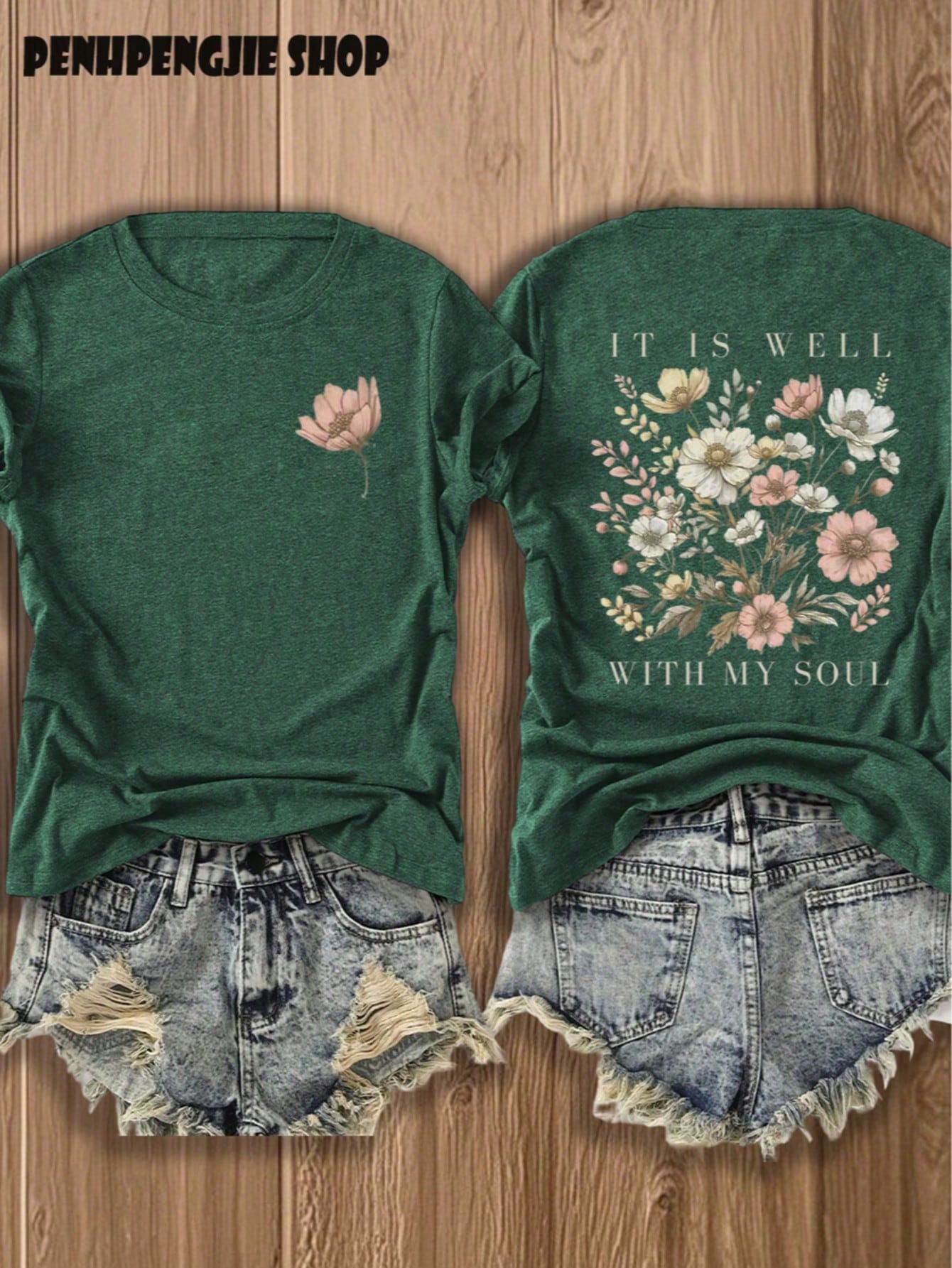 Vintage "It Is Well With My Soul" Wildflower Beach Front Back T-Shirt Summer Tops For Women, Casual Double Sided Graphic Tee Casual Graphic Print Te