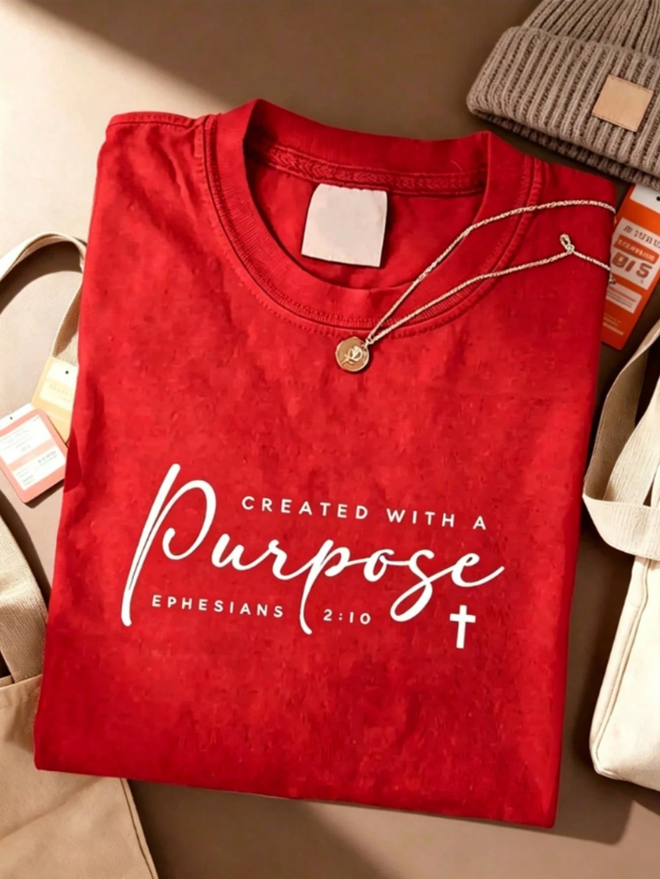 Vintage Red Oversized Unisex Tee, Created With A Purpose Bible Verse Faith Print Soft Cotton Christian Casual Gift T-Shirt