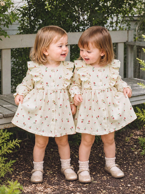 Vintaside Kids 1pc Baby Girl Spring/Autumn Cream & Rose Red Gentle Pastoral Style Small Rose All-Over Print Flutter Sleeve Ruffle Trim Long Sleeve Single-Breasted A-Line Dress, Waist-Cinched Loo