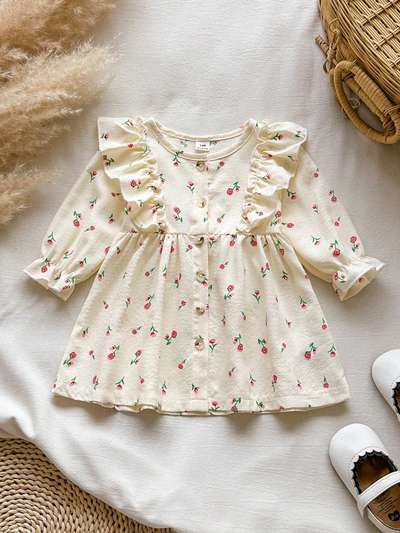 Vintaside Kids 1pc Baby Girl Spring/Autumn Cream & Rose Red Gentle Pastoral Style Small Rose All-Over Print Flutter Sleeve Ruffle Trim Long Sleeve Single-Breasted A-Line Dress, Waist-Cinched Loo
