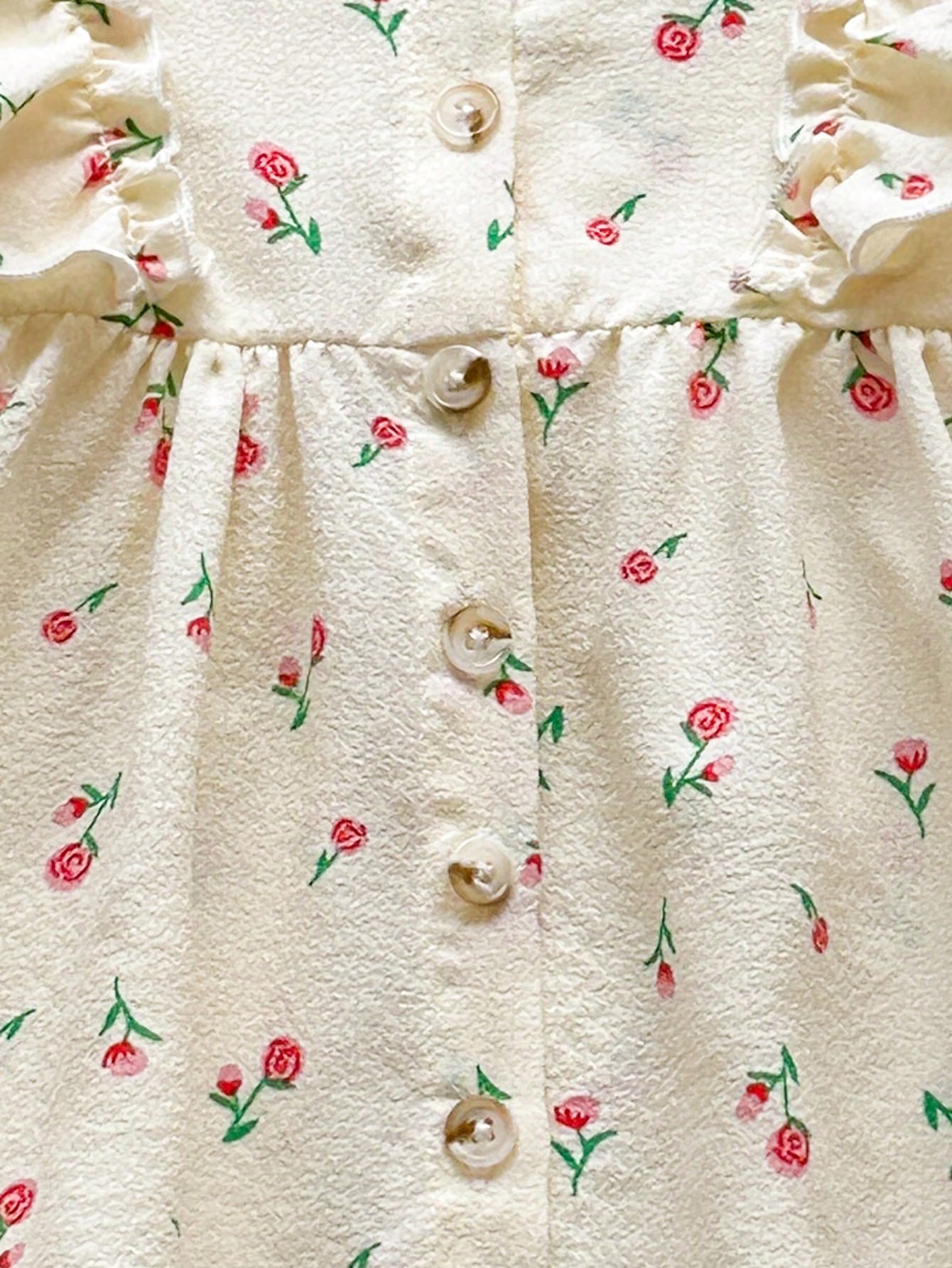 Vintaside Kids 1pc Baby Girl Spring/Autumn Cream & Rose Red Gentle Pastoral Style Small Rose All-Over Print Flutter Sleeve Ruffle Trim Long Sleeve Single-Breasted A-Line Dress, Waist-Cinched Loo