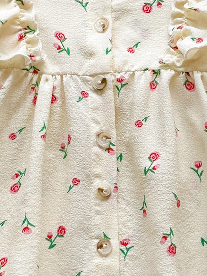 Vintaside Kids 1pc Baby Girl Spring/Autumn Cream & Rose Red Gentle Pastoral Style Small Rose All-Over Print Flutter Sleeve Ruffle Trim Long Sleeve Single-Breasted A-Line Dress, Waist-Cinched Loo