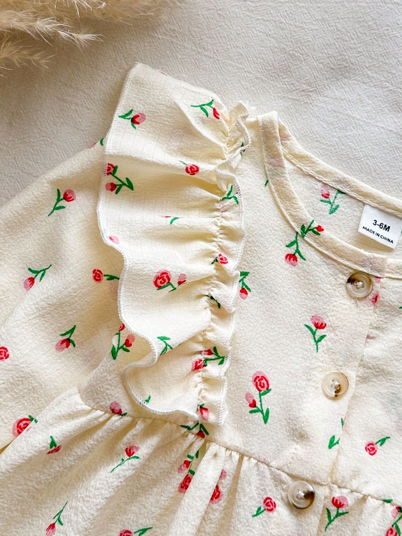 Vintaside Kids 1pc Baby Girl Spring/Autumn Cream & Rose Red Gentle Pastoral Style Small Rose All-Over Print Flutter Sleeve Ruffle Trim Long Sleeve Single-Breasted A-Line Dress, Waist-Cinched Loo