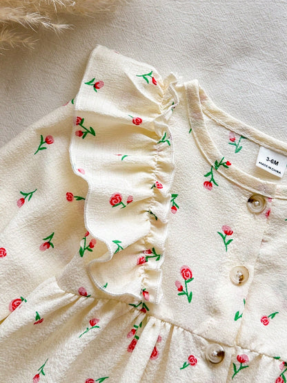 Vintaside Kids 1pc Baby Girl Spring/Autumn Cream & Rose Red Gentle Pastoral Style Small Rose All-Over Print Flutter Sleeve Ruffle Trim Long Sleeve Single-Breasted A-Line Dress, Waist-Cinched Loo