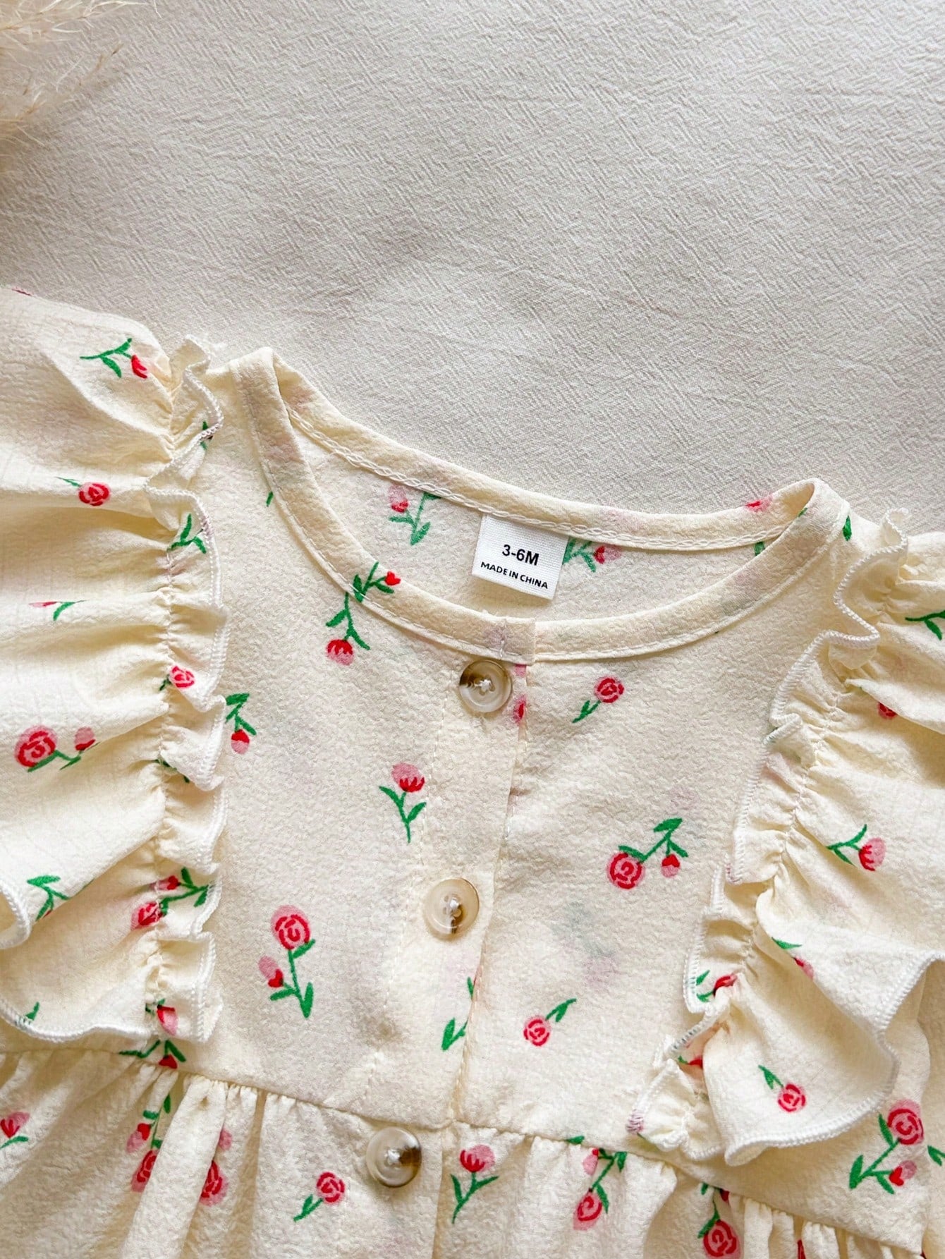 Vintaside Kids 1pc Baby Girl Spring/Autumn Cream & Rose Red Gentle Pastoral Style Small Rose All-Over Print Flutter Sleeve Ruffle Trim Long Sleeve Single-Breasted A-Line Dress, Waist-Cinched Loo
