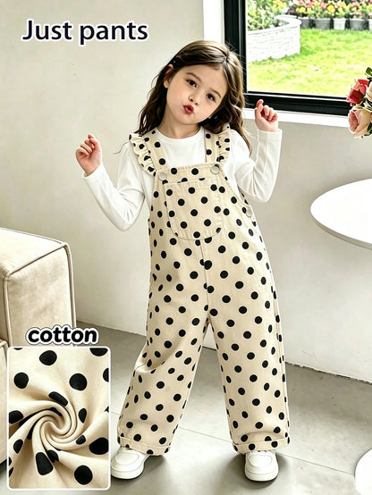 Vintaside Kids 1pc Baby Girl Vintage Cream White With Black Polka Dot Denim Casual Cute Overall Jumpsuit, Ruffle Shoulder Straps, Large Pockets, Loose Wide Leg, Suitable For Outings, Parties, Ba