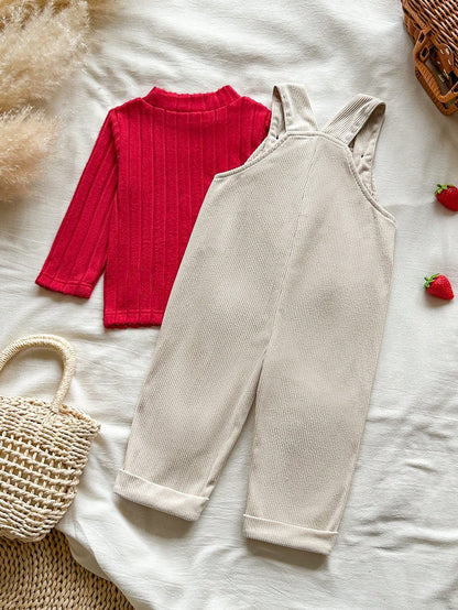 Vintaside Kids 2pcs/Set Baby Girl Spring/Autumn New Solid Color Ribbed White Mock Neck Red Long Sleeve T-Shirt, Corduroy Apricot Overall Pants With 3D Hand-Crocheted Strawberry Decor, Cute Versatile D