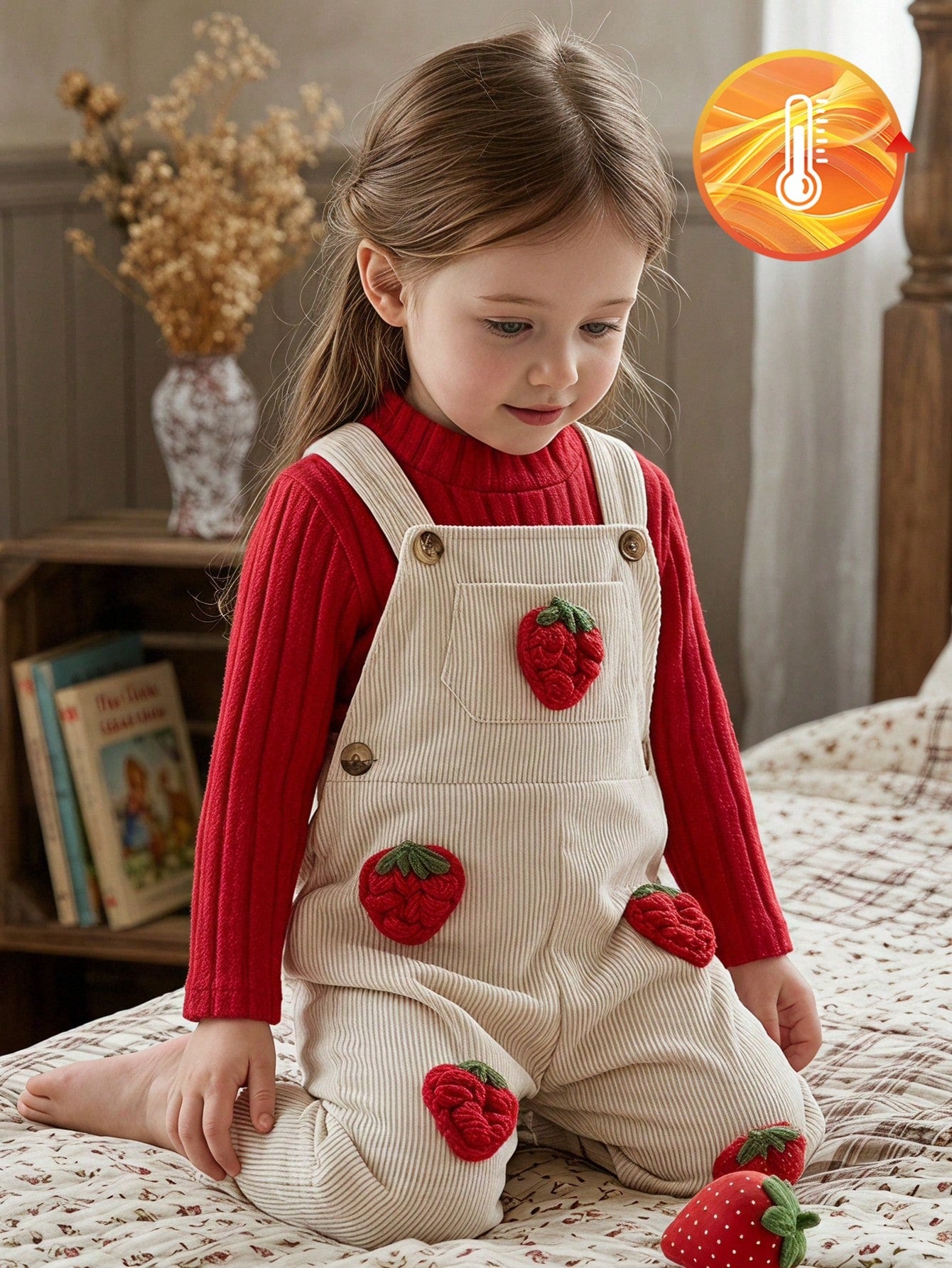 Vintaside Kids 2pcs/Set Baby Girl Spring/Autumn New Solid Color Ribbed White Mock Neck Red Long Sleeve T-Shirt, Corduroy Apricot Overall Pants With 3D Hand-Crocheted Strawberry Decor, Cute Versatile D