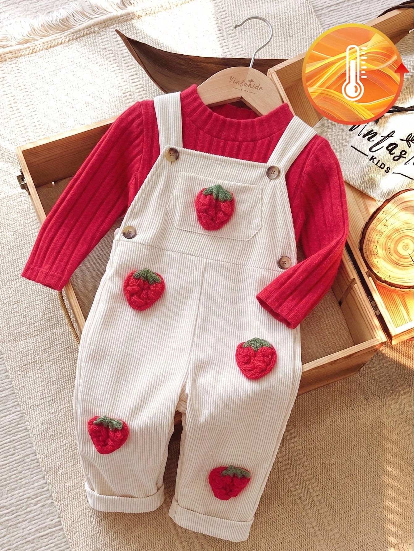Vintaside Kids 2pcs/Set Baby Girl Spring/Autumn New Solid Color Ribbed White Mock Neck Red Long Sleeve T-Shirt, Corduroy Apricot Overall Pants With 3D Hand-Crocheted Strawberry Decor, Cute Versatile D