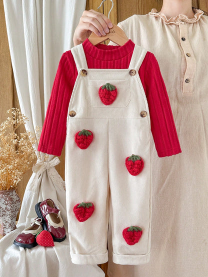 Vintaside Kids 2pcs/Set Baby Girl Spring/Autumn New Solid Color Ribbed White Mock Neck Red Long Sleeve T-Shirt, Corduroy Apricot Overall Pants With 3D Hand-Crocheted Strawberry Decor, Cute Versatile D