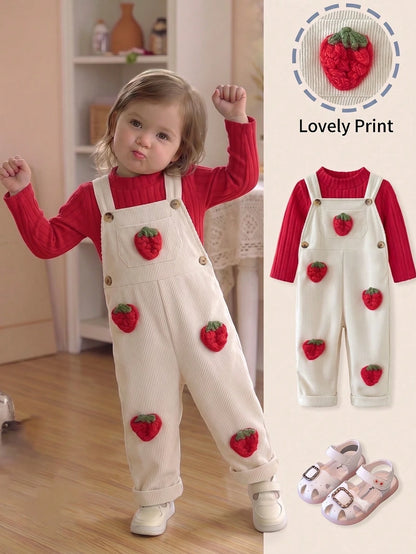 Vintaside Kids 2pcs/Set Baby Girl Spring/Autumn New Solid Color Ribbed White Mock Neck Red Long Sleeve T-Shirt, Corduroy Apricot Overall Pants With 3D Hand-Crocheted Strawberry Decor, Cute Versatile D