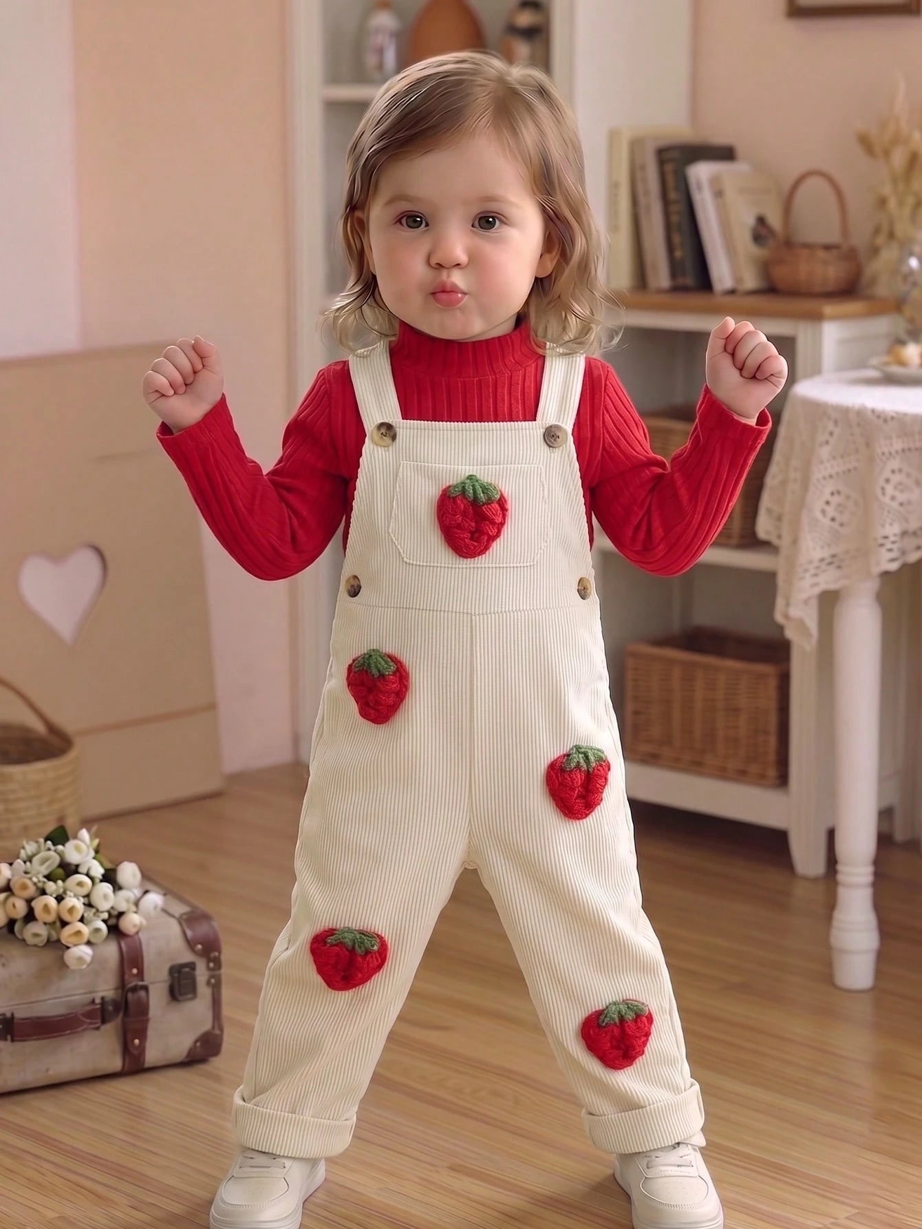 Vintaside Kids 2pcs/Set Baby Girl Spring/Autumn New Solid Color Ribbed White Mock Neck Red Long Sleeve T-Shirt, Corduroy Apricot Overall Pants With 3D Hand-Crocheted Strawberry Decor, Cute Versatile D