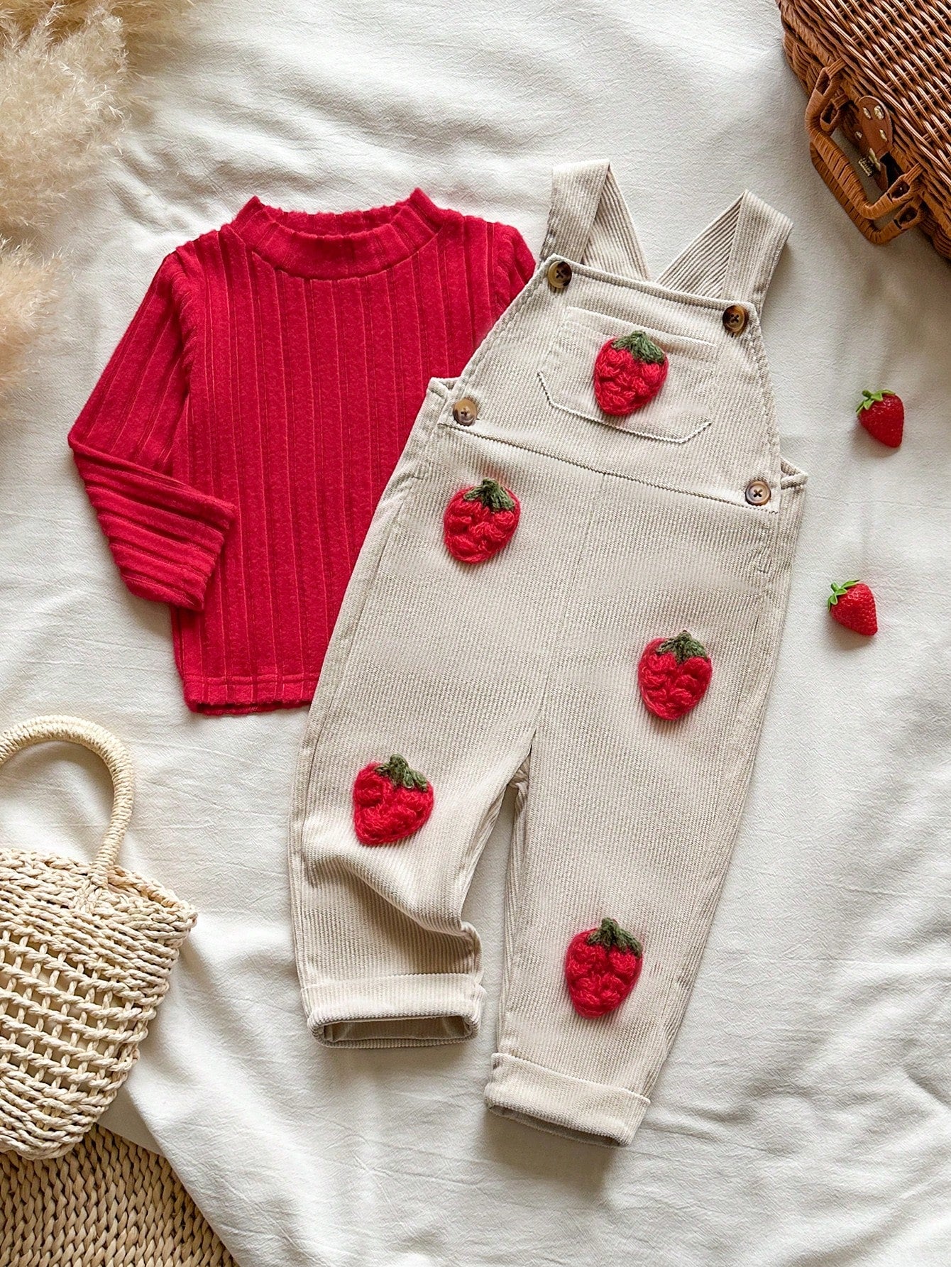Vintaside Kids 2pcs/Set Baby Girl Spring/Autumn New Solid Color Ribbed White Mock Neck Red Long Sleeve T-Shirt, Corduroy Apricot Overall Pants With 3D Hand-Crocheted Strawberry Decor, Cute Versatile D