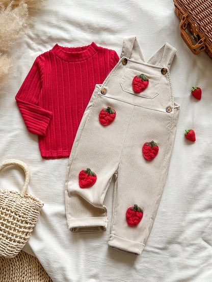 Vintaside Kids 2pcs/Set Baby Girl Spring/Autumn New Solid Color Ribbed White Mock Neck Red Long Sleeve T-Shirt, Corduroy Apricot Overall Pants With 3D Hand-Crocheted Strawberry Decor, Cute Versatile D