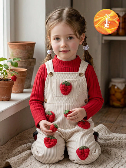 Vintaside Kids 2pcs/Set Baby Girl Spring/Autumn New Solid Color Ribbed White Mock Neck Red Long Sleeve T-Shirt, Corduroy Apricot Overall Pants With 3D Hand-Crocheted Strawberry Decor, Cute Versatile D