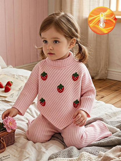Vintaside Kids Baby Girl 0-3 Years Autumn Embroidered Strawberry Ribbed Knit Long Sleeve Top And Flare Pants Set, Pink, Suitable For Daily Wear, High Neck Casual Everyday Outfit