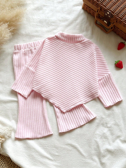 Vintaside Kids Baby Girl 0-3 Years Autumn Embroidered Strawberry Ribbed Knit Long Sleeve Top And Flare Pants Set, Pink, Suitable For Daily Wear, High Neck Casual Everyday Outfit