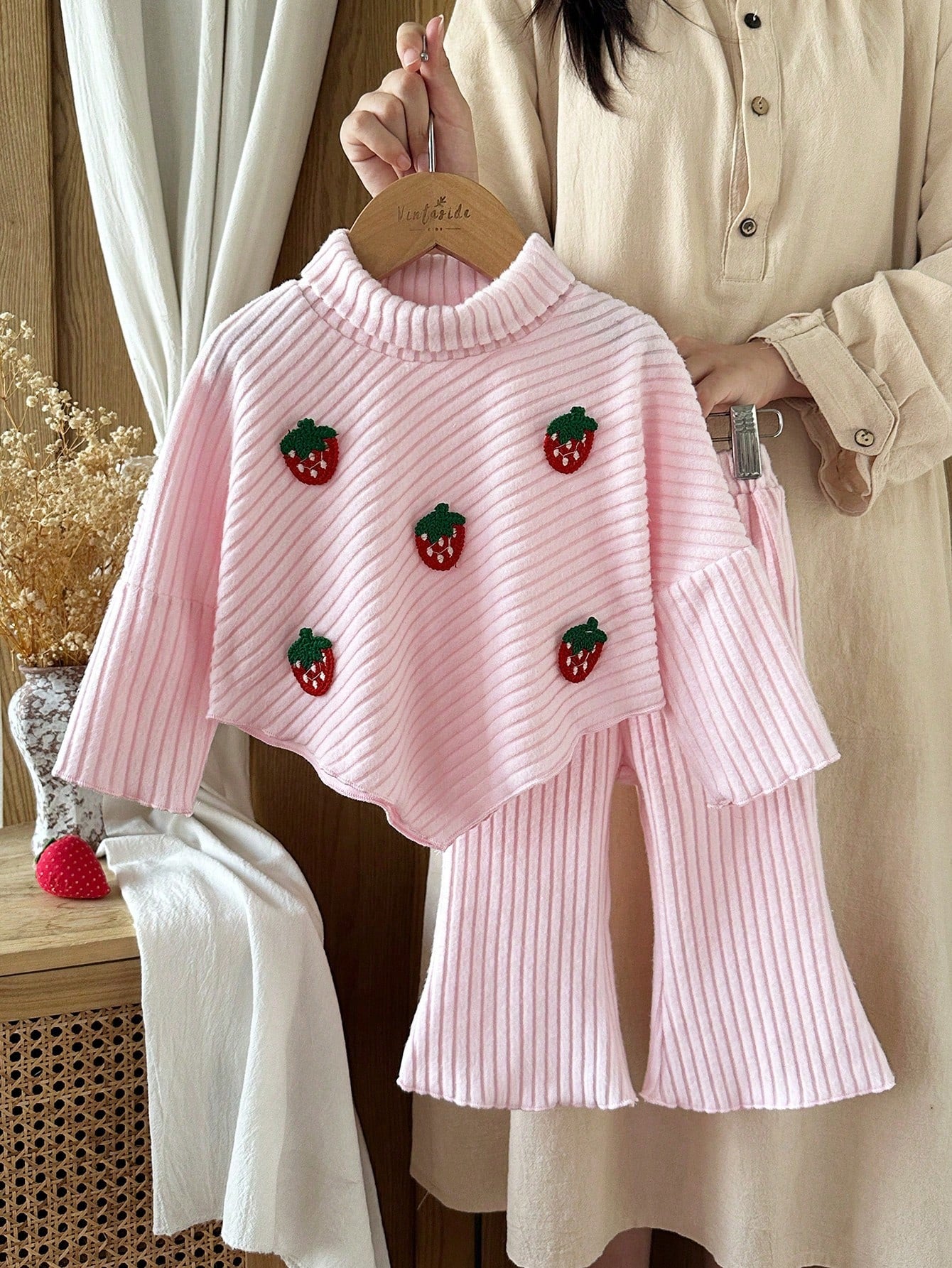 Vintaside Kids Baby Girl 0-3 Years Autumn Embroidered Strawberry Ribbed Knit Long Sleeve Top And Flare Pants Set, Pink, Suitable For Daily Wear, High Neck Casual Everyday Outfit
