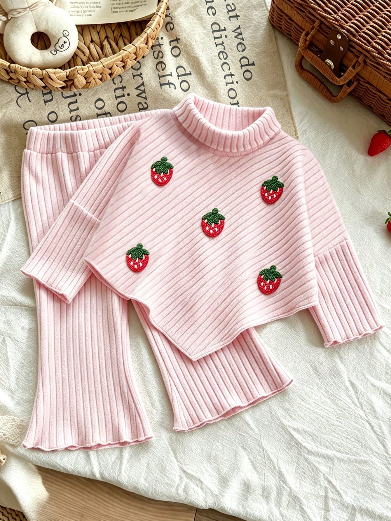 Vintaside Kids Baby Girl 0-3 Years Autumn Embroidered Strawberry Ribbed Knit Long Sleeve Top And Flare Pants Set, Pink, Suitable For Daily Wear, High Neck Casual Everyday Outfit