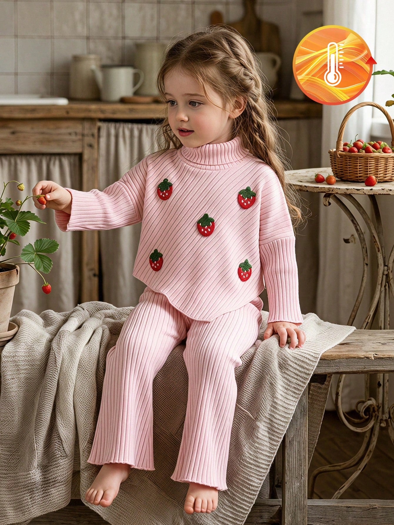 Vintaside Kids Baby Girl 0-3 Years Autumn Embroidered Strawberry Ribbed Knit Long Sleeve Top And Flare Pants Set, Pink, Suitable For Daily Wear, High Neck Casual Everyday Outfit