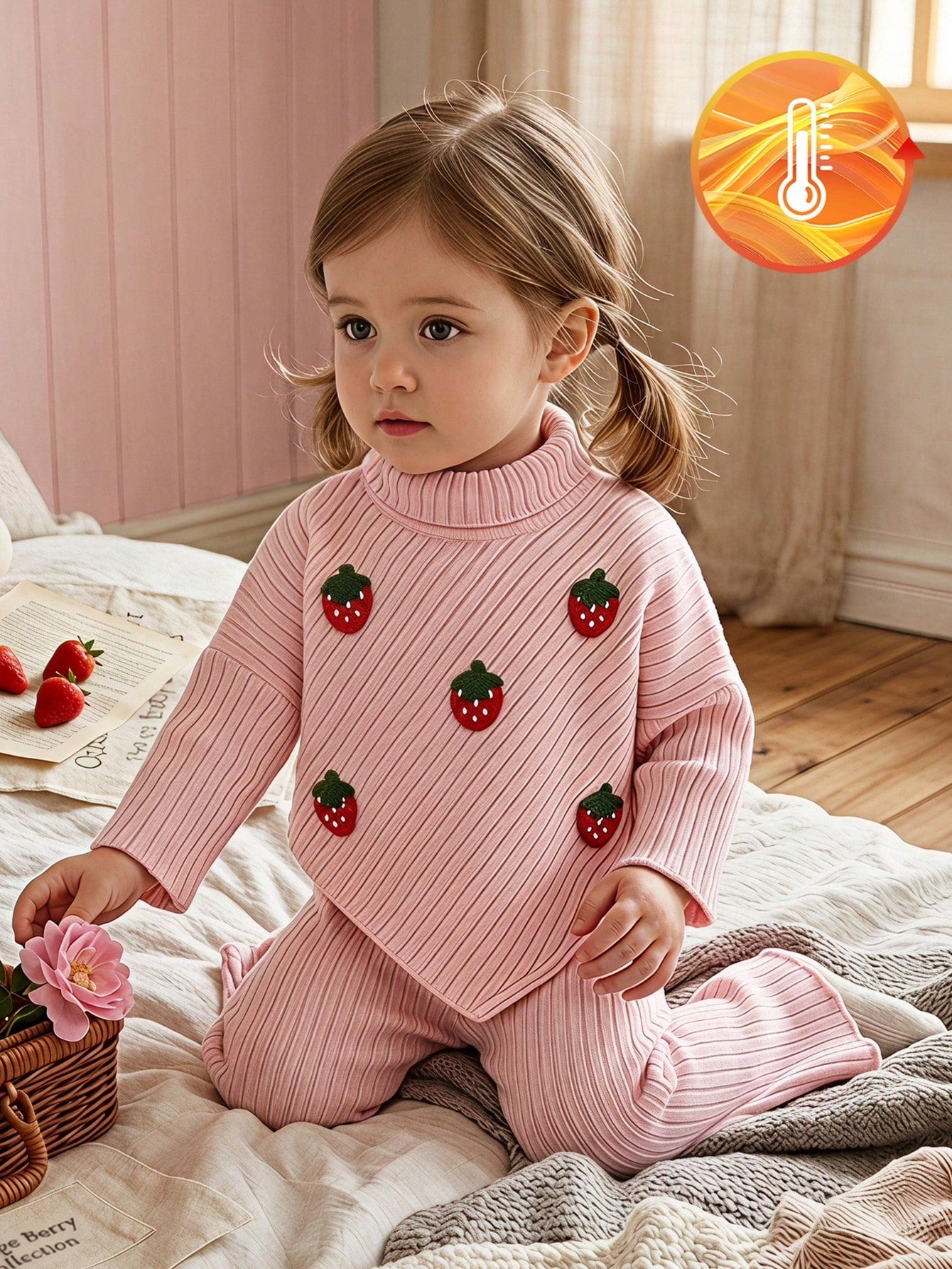 Vintaside Kids Baby Girl 0-3 Years Autumn Embroidered Strawberry Ribbed Knit Long Sleeve Top And Flare Pants Set, Pink, Suitable For Daily Wear, High Neck Casual Everyday Outfit