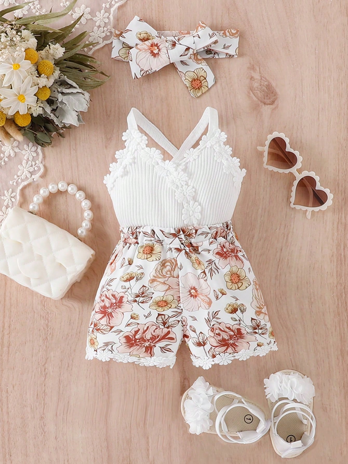 Vintaside Kids Baby Girl Floral Print Appliques Crisscross Back Cami Romper