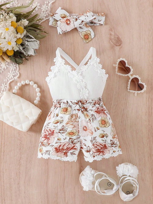 Vintaside Kids Baby Girl Floral Print Appliques Crisscross Back Cami Romper