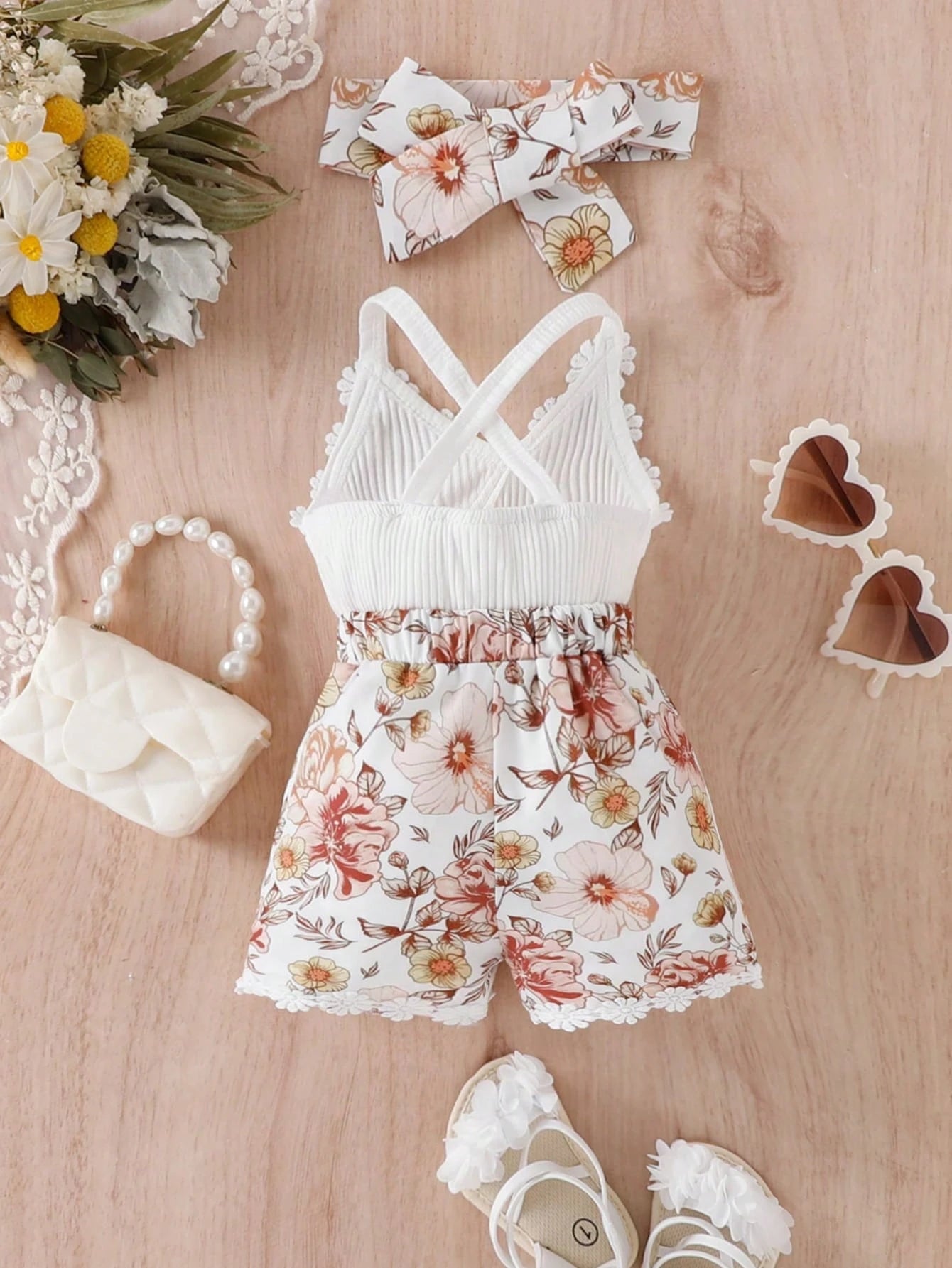 Vintaside Kids Baby Girl Floral Print Appliques Crisscross Back Cami Romper