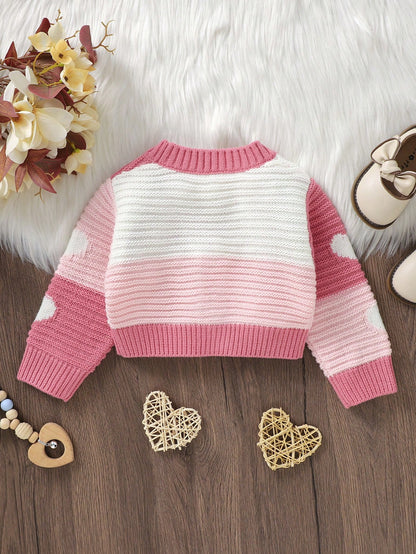 Vintaside Kids Baby Girl Heart Pattern Two Tone Button Front Cardigan