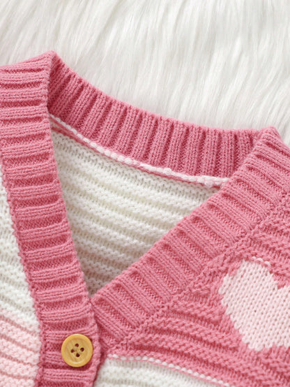 Vintaside Kids Baby Girl Heart Pattern Two Tone Button Front Cardigan