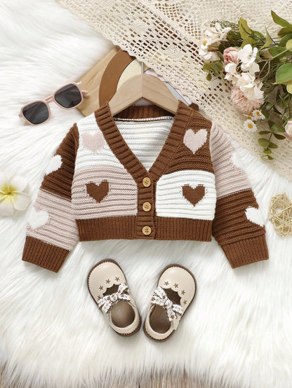 Vintaside Kids Baby Girl Heart Pattern Two Tone Button Front Cardigan