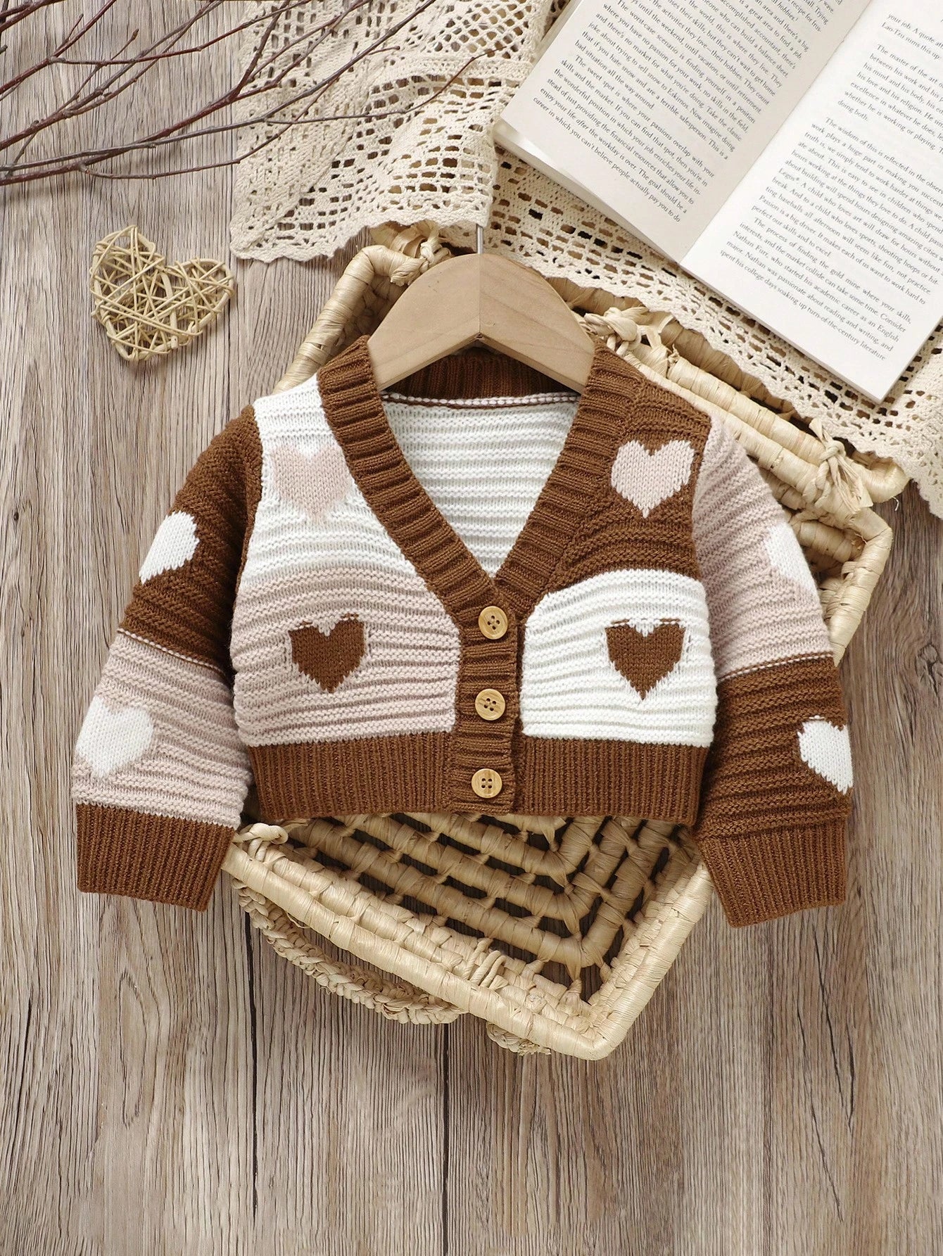 Vintaside Kids Baby Girl Heart Pattern Two Tone Button Front Cardigan
