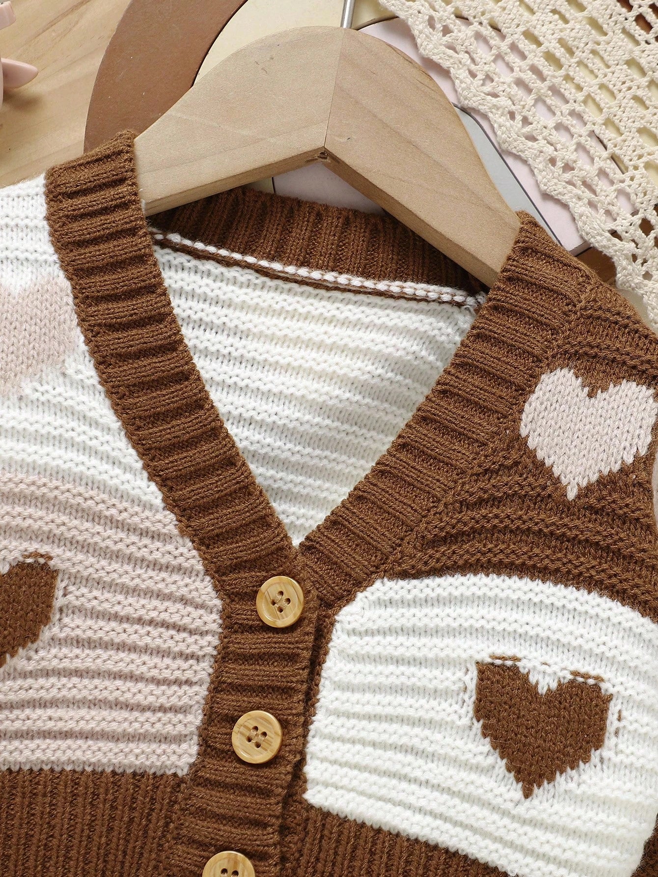 Vintaside Kids Baby Girl Heart Pattern Two Tone Button Front Cardigan