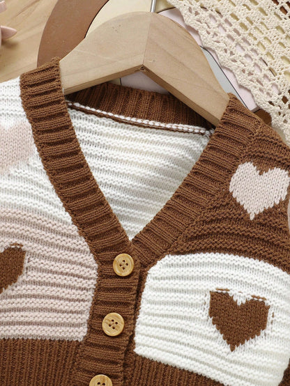 Vintaside Kids Baby Girl Heart Pattern Two Tone Button Front Cardigan