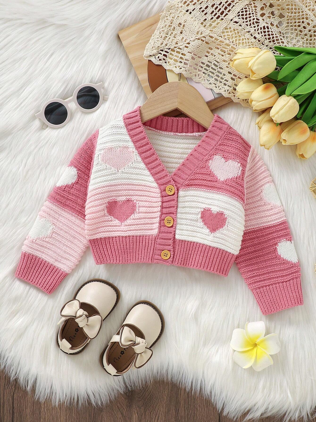Vintaside Kids Baby Girl Heart Pattern Two Tone Button Front Cardigan