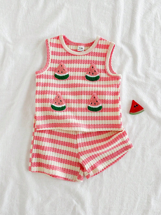 Vintaside Kids Babygirls Pink Striped Summer Outfit Cute Sleeveless Round Neck Top Matching Shorts Vacation Strawberry Print Sweet Style Lightweight Design Home